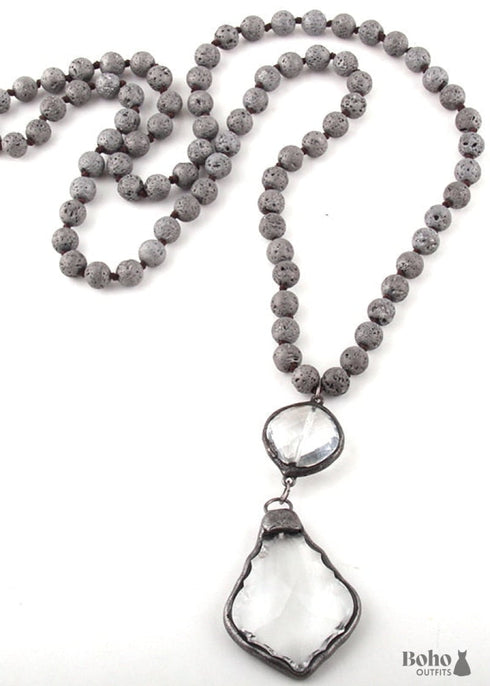 Boho Necklace, RH Antique Brass Lava Stone Glass